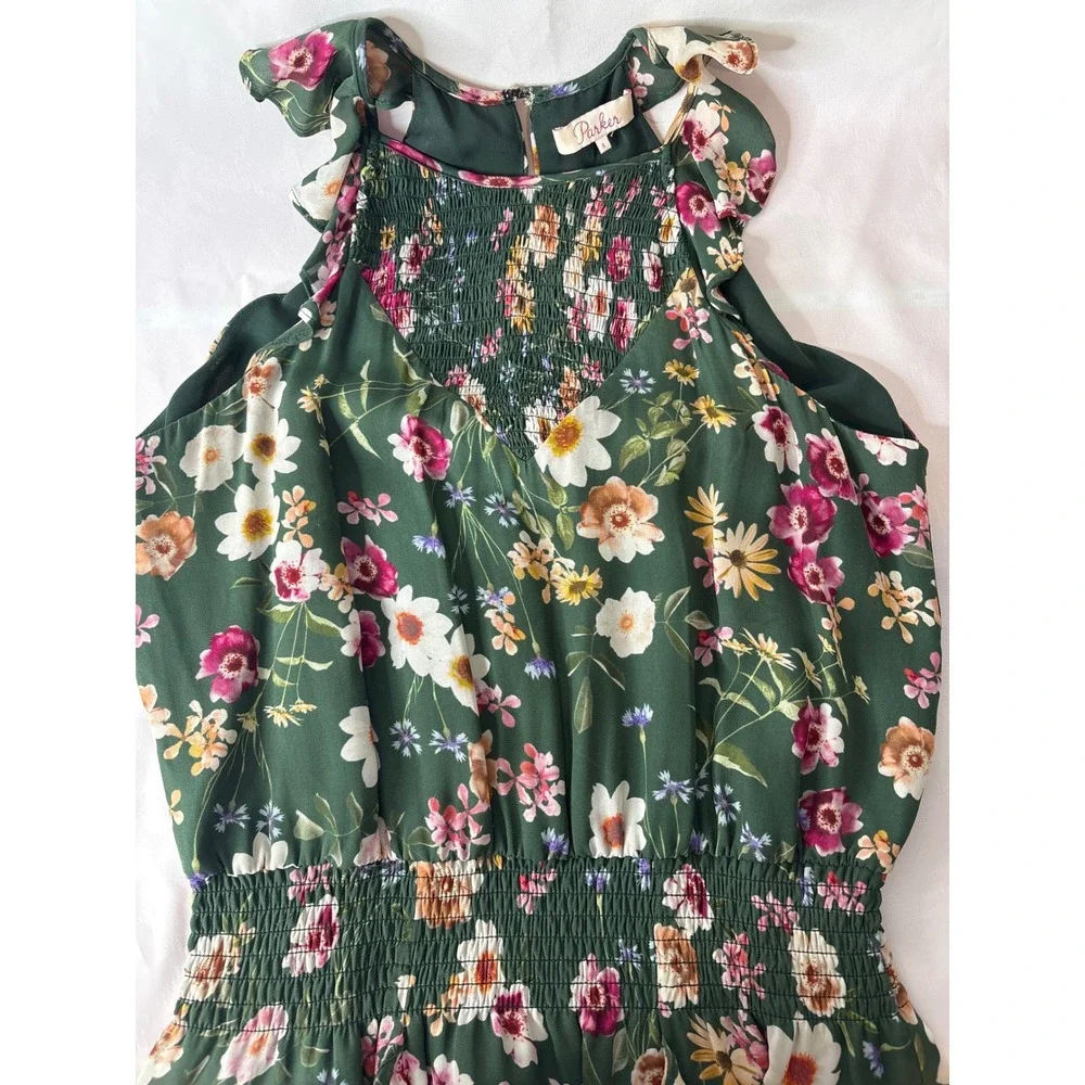 Parker Green Floral Silk Blend Smocked Ruffle Romper Sz S Garden-Party Boho-Chic